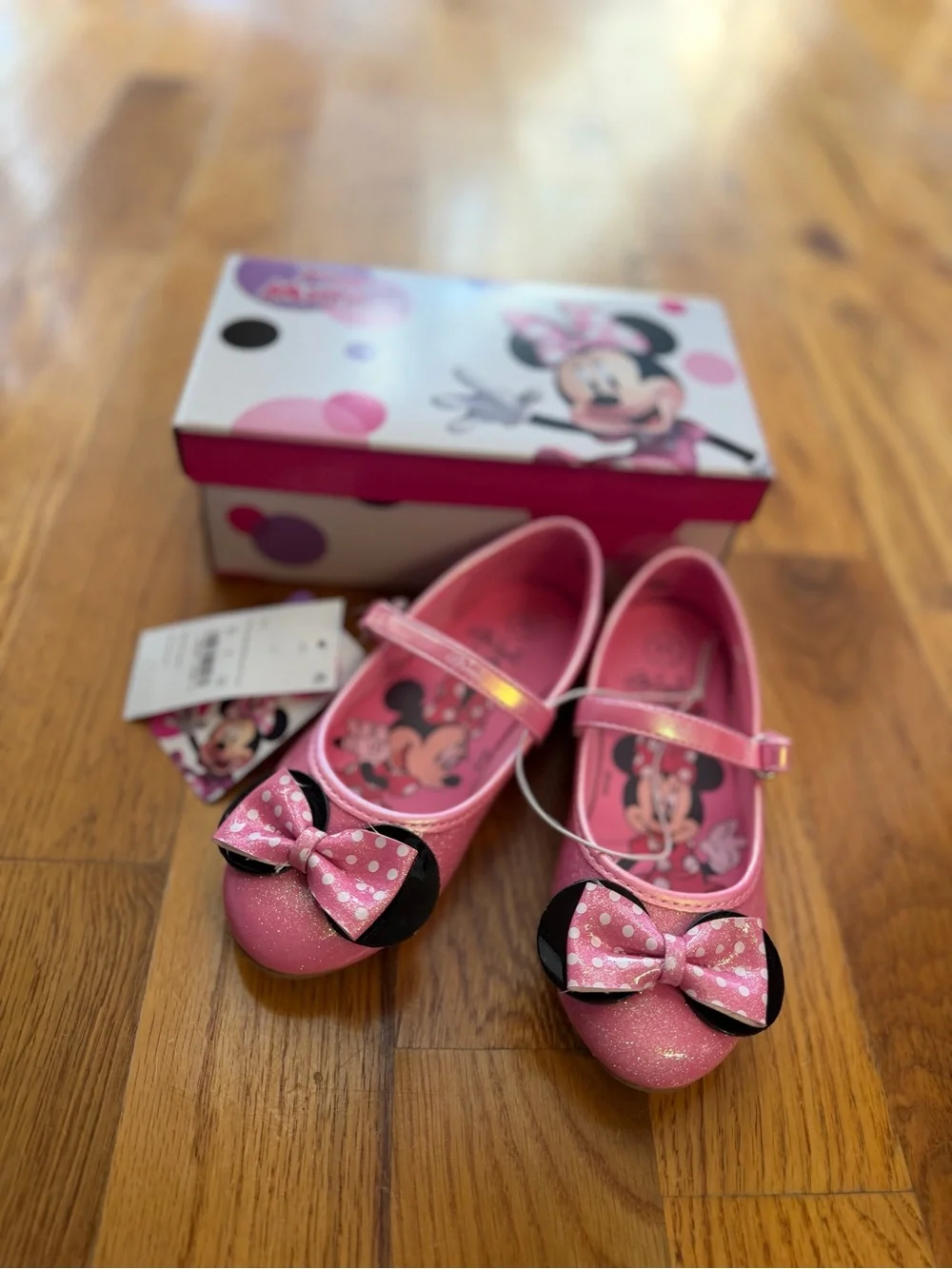 Disney Girls Minnie Mouse Pink Glitter Mary Jane Ballet Flat Shoes - 11 NWT